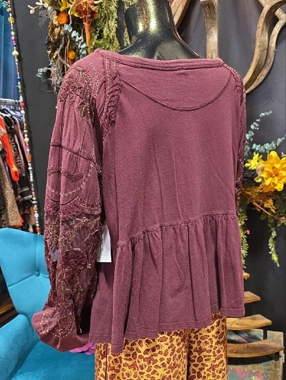 Free People Maroon Embroidered Peplum Long-Sleeve Top
